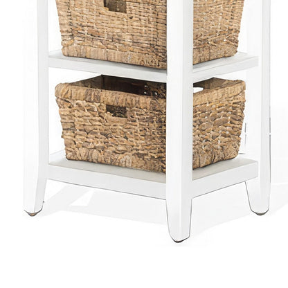 Livy Storage Rack End Table with 3 Natural Brown Rattan Baskets, White