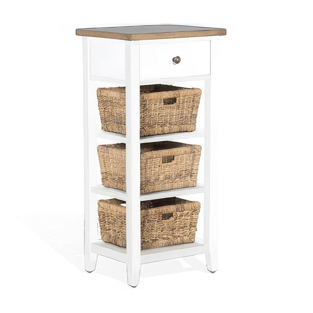 Livy Storage Rack End Table with 3 Natural Brown Rattan Baskets, White