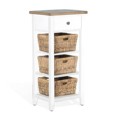 Livy Storage Rack End Table with 3 Natural Brown Rattan Baskets, White