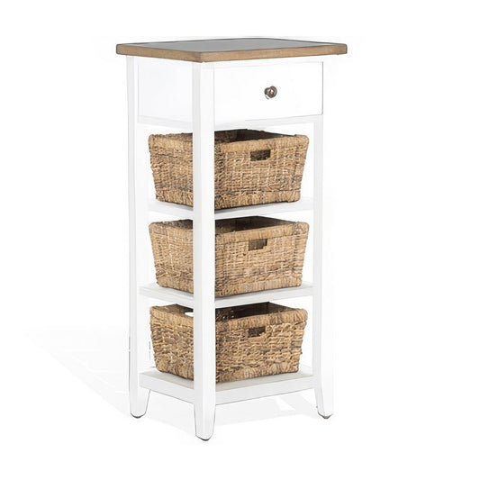 Livy Storage Rack End Table with 3 Natural Brown Rattan Baskets, White