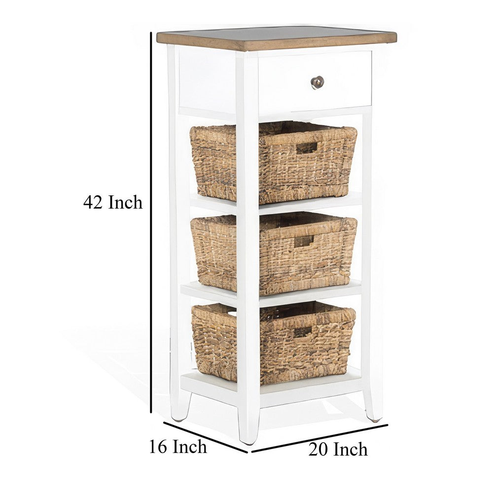 Livy Storage Rack End Table with 3 Natural Brown Rattan Baskets, White