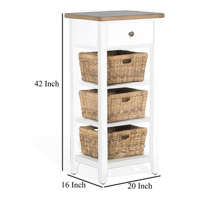 Livy Storage Rack End Table with 3 Natural Brown Rattan Baskets, White