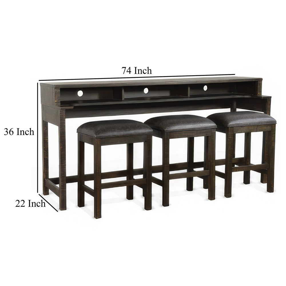 Flint Console Table with 3 Compartments, 74 Inch, Dark Brown Mahogany