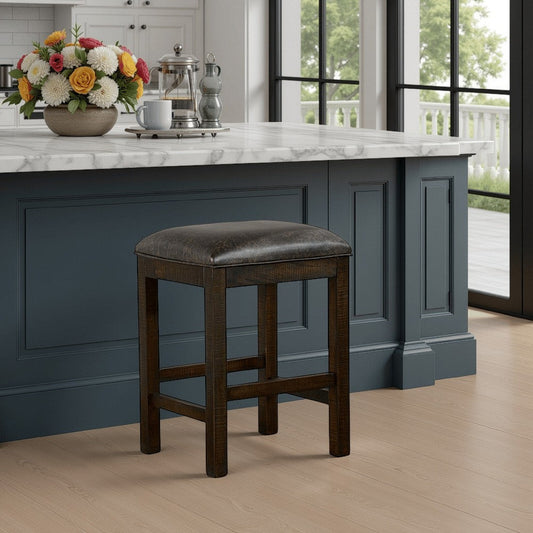 Flint Counter Stool, Faux Leather Seat, 24 Inch High, Dark Brown Wood