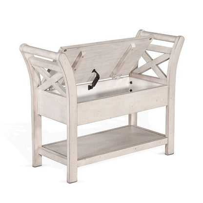 Sime 36 Inch Accent Bench, X-Panel and Storage, Ivory White Mahogany