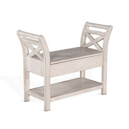 Sime 36 Inch Accent Bench, X-Panel and Storage, Ivory White Mahogany