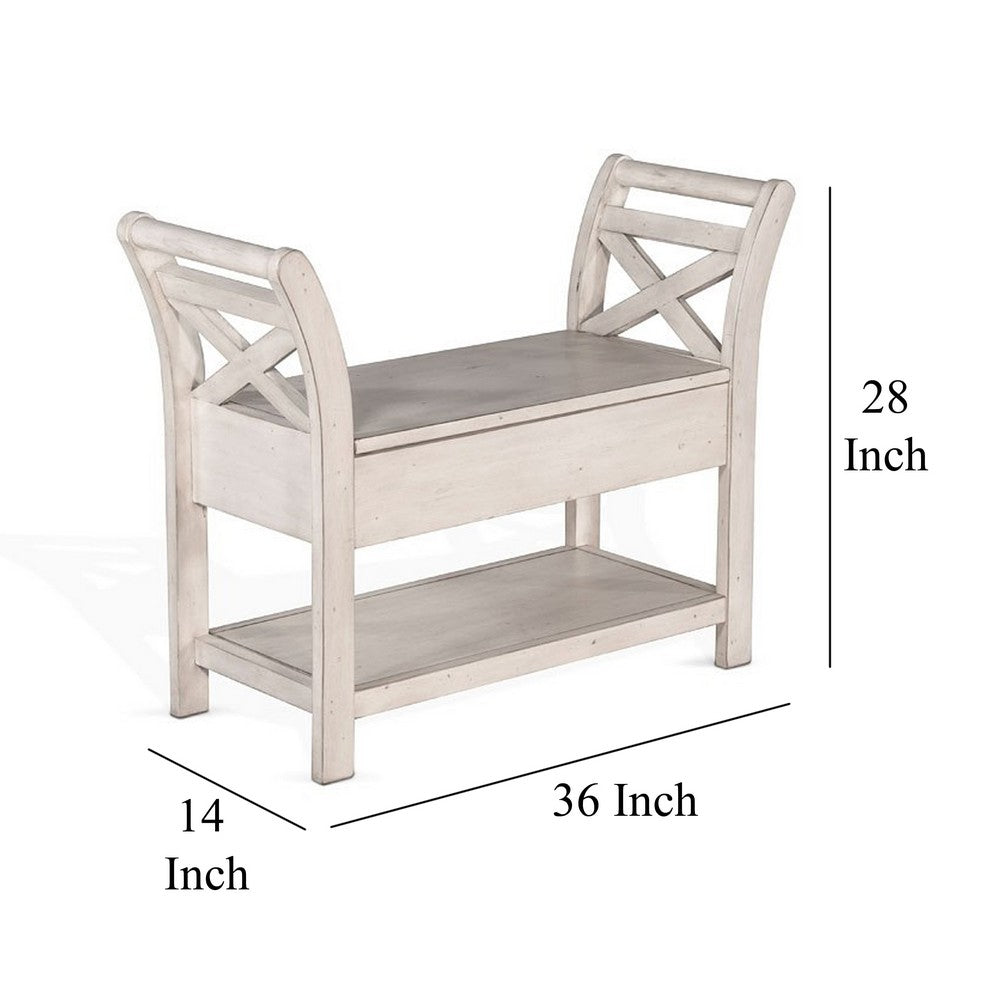 Sime 36 Inch Accent Bench, X-Panel and Storage, Ivory White Mahogany