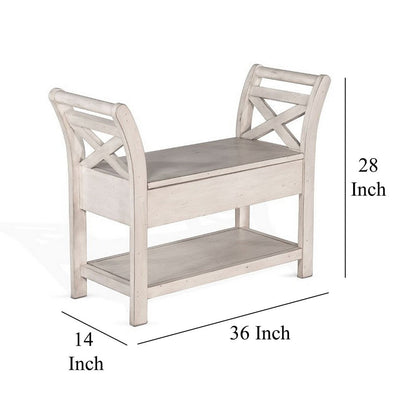 Sime 36 Inch Accent Bench, X-Panel and Storage, Ivory White Mahogany