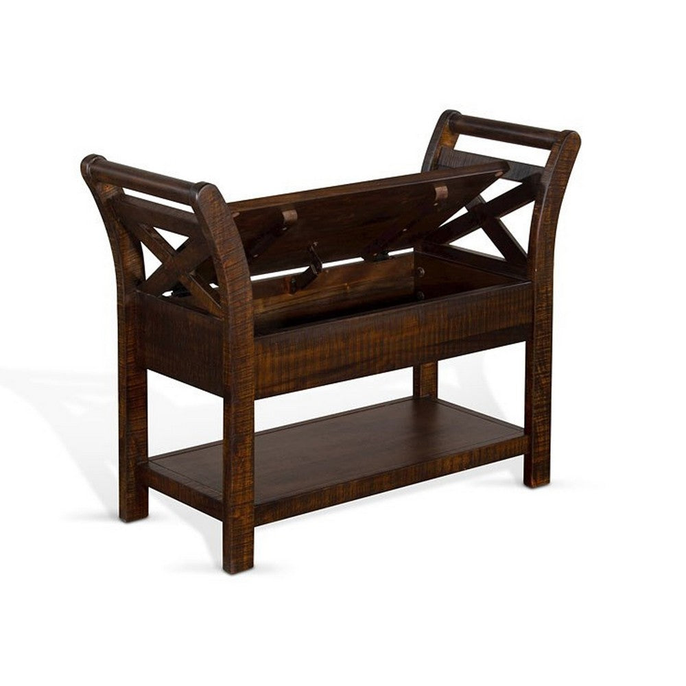 Flint 36 Inch Accent Bench with X-Panel, Storage, Dark Brown Mahogany
