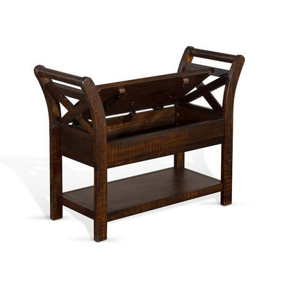 Flint 36 Inch Accent Bench with X-Panel, Storage, Dark Brown Mahogany