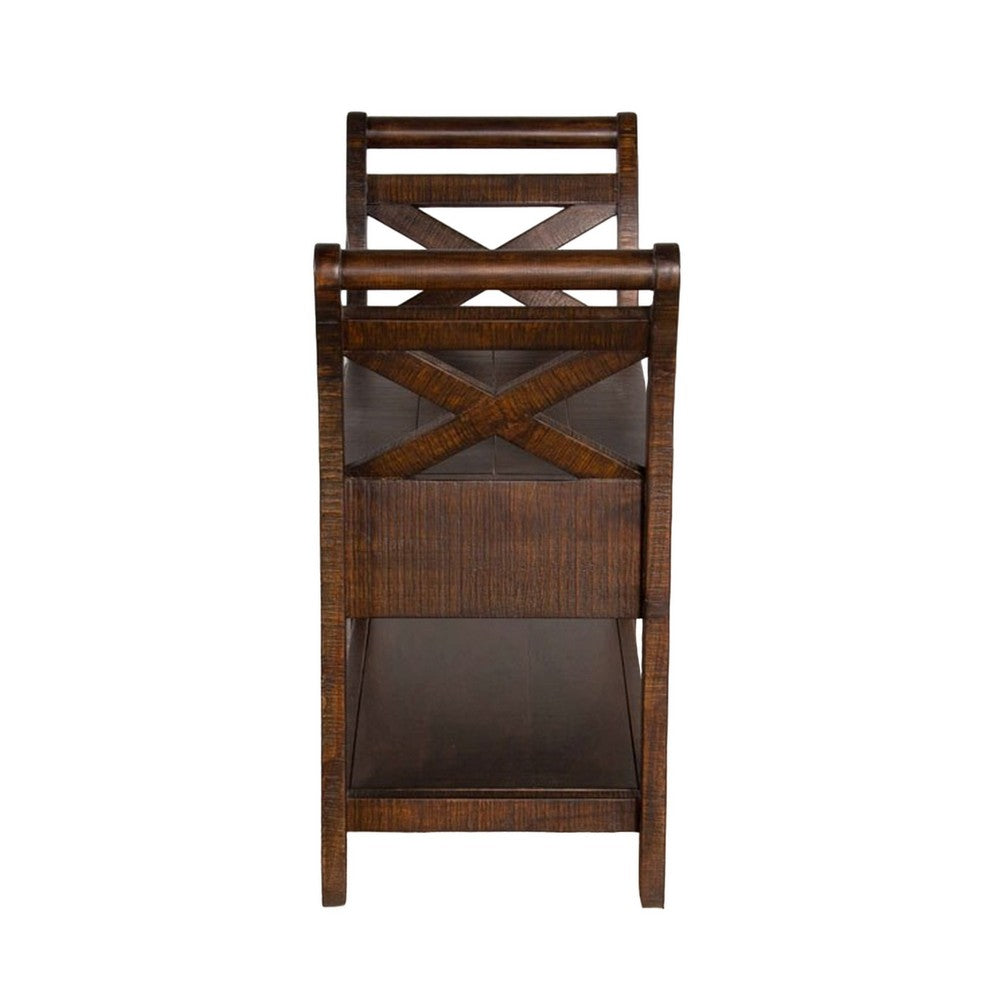Flint 36 Inch Accent Bench with X-Panel, Storage, Dark Brown Mahogany