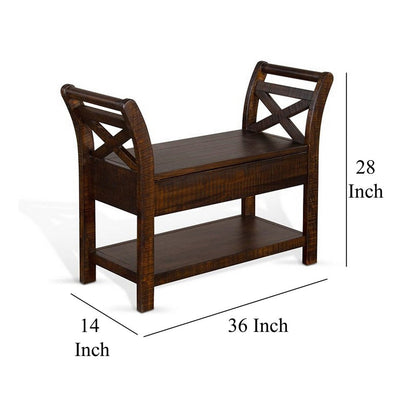 Flint 36 Inch Accent Bench with X-Panel, Storage, Dark Brown Mahogany