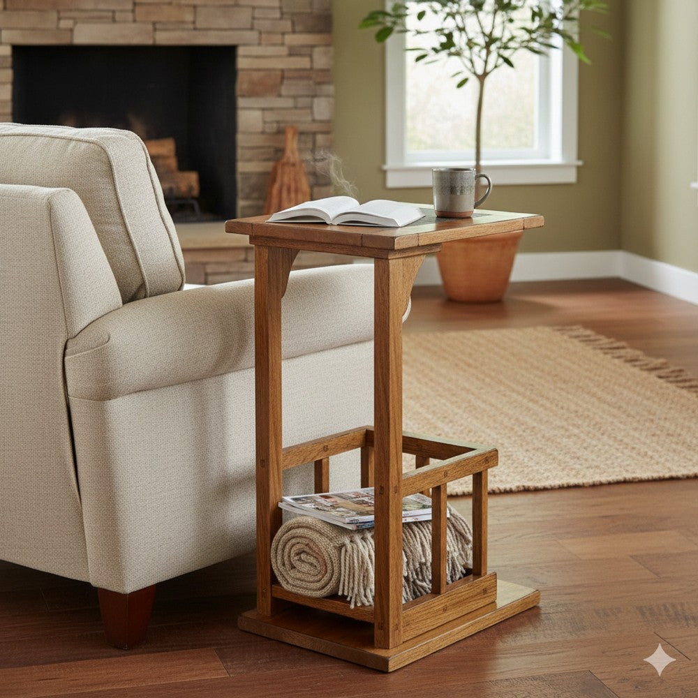 Marv Side Table with Magazine Rack, 13 Inch, Rustic Oak Finish Wood