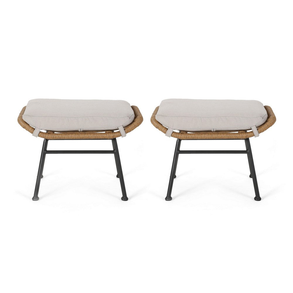 Margo Outdoor Ottoman Set of 2, 24 Inch Black Iron, Brown and Beige