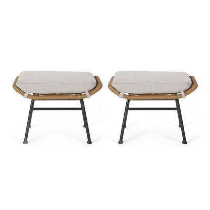 Margo Outdoor Ottoman Set of 2, 24 Inch Black Iron, Brown and Beige