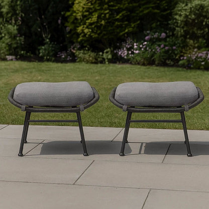 Margo Outdoor Ottoman Set of 2, 24 Inch Black Iron, Gray Cushion