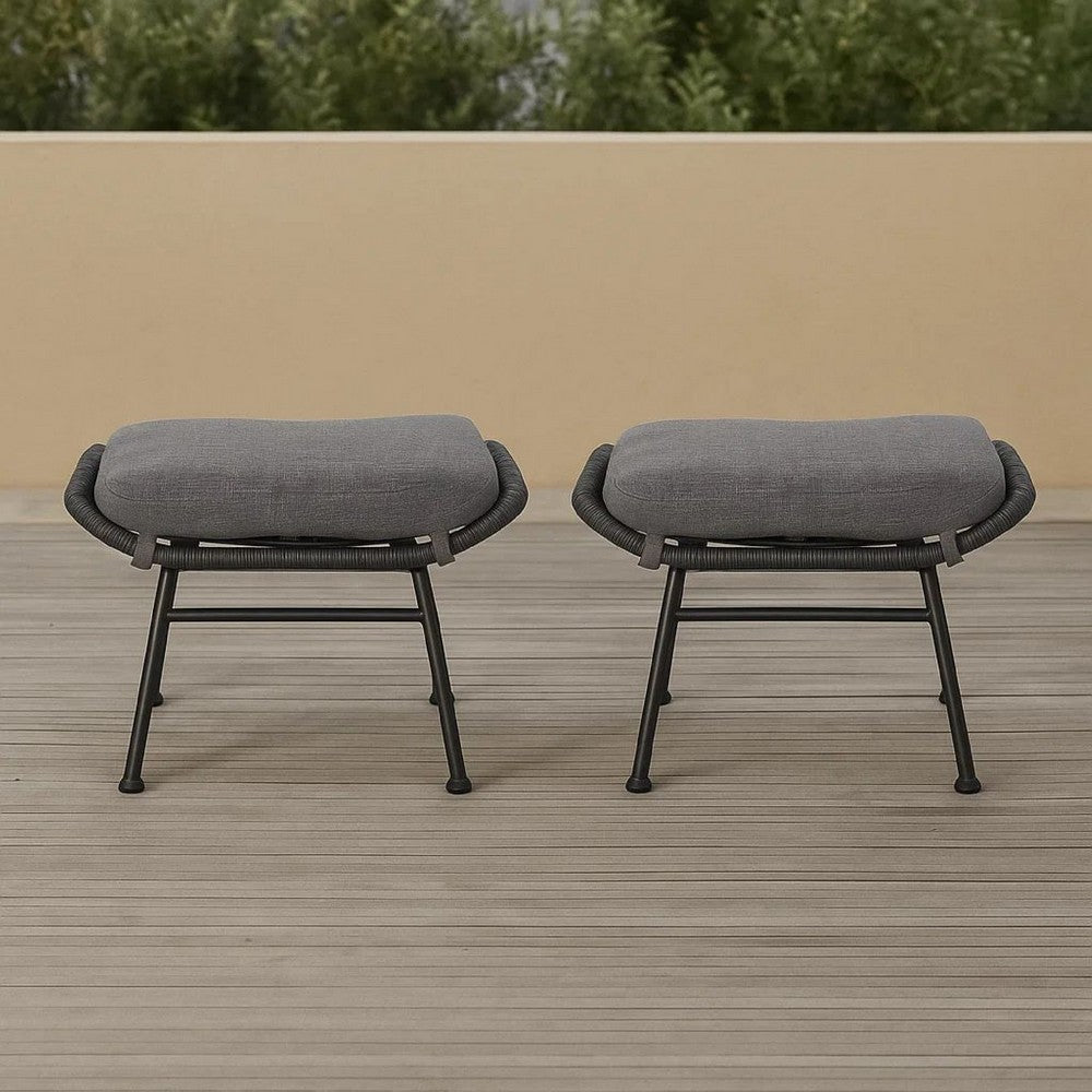 Margo Outdoor Ottoman Set of 2, 24 Inch Black Iron, Gray Cushion