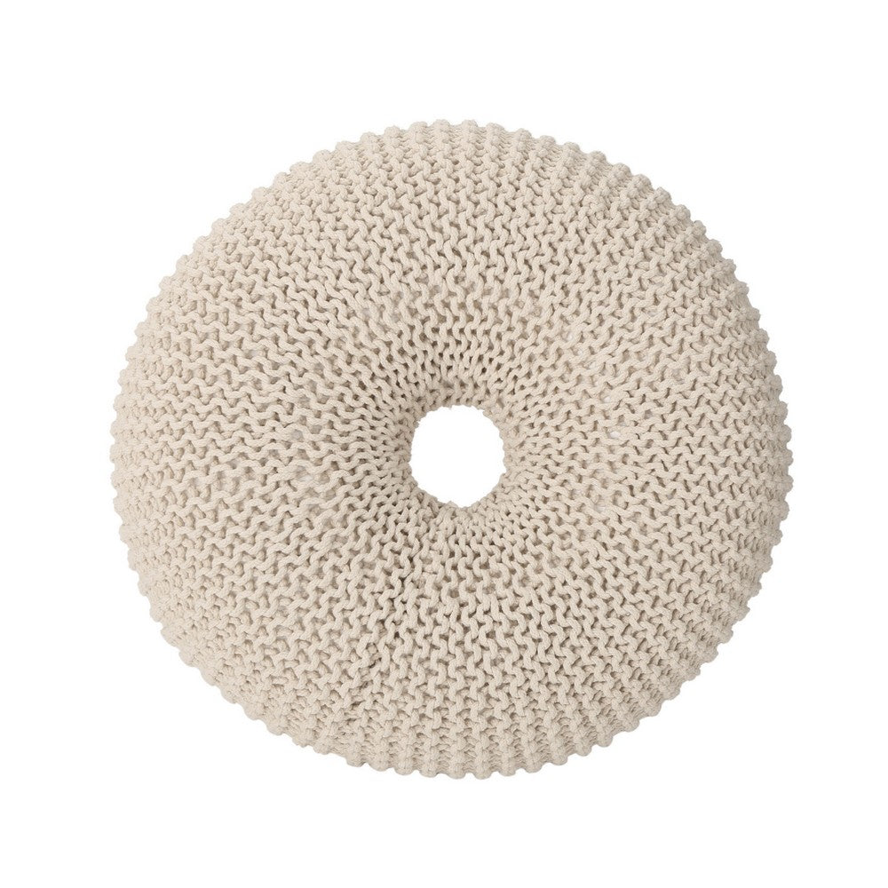 Round Knitted Pouf Ottoman, Handcrafted Details, 25 Inch, Beige Cotton