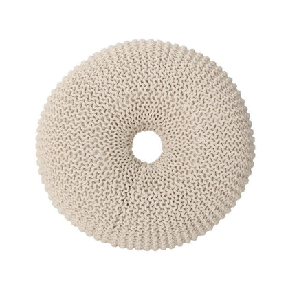 Round Knitted Pouf Ottoman, Handcrafted Details, 25 Inch, Beige Cotton