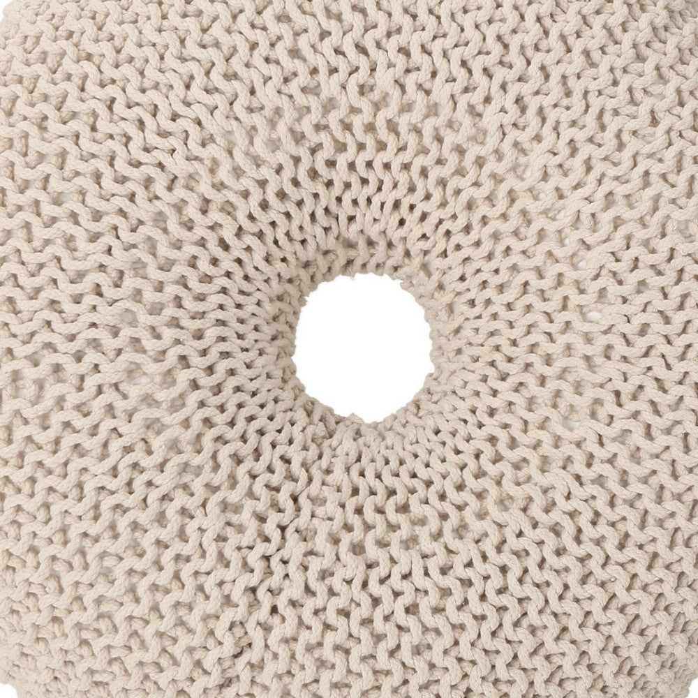 Round Knitted Pouf Ottoman, Handcrafted Details, 25 Inch, Beige Cotton