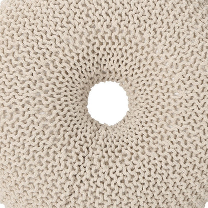 Round Knitted Pouf Ottoman, Handcrafted Details, 25 Inch, Beige Cotton