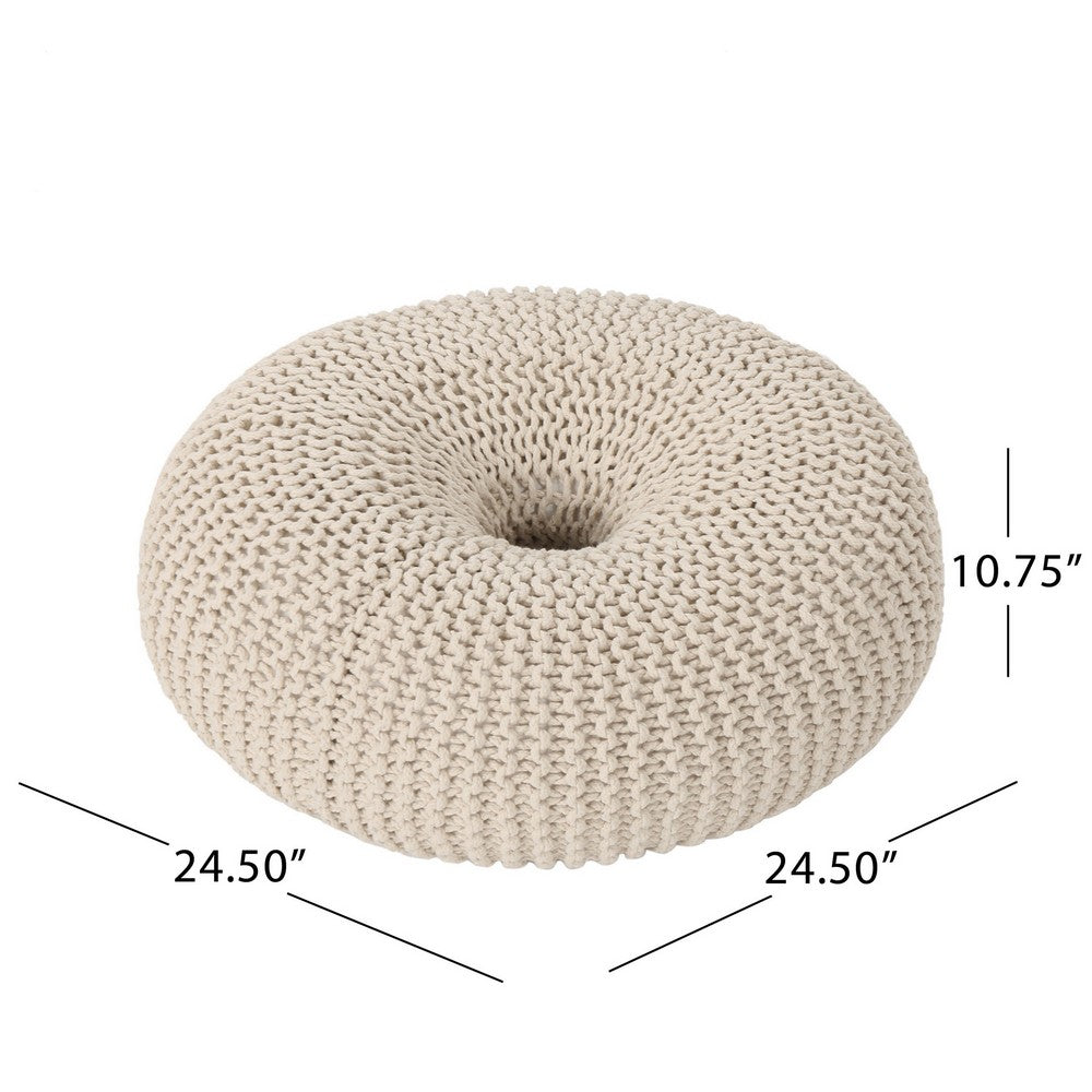 Round Knitted Pouf Ottoman, Handcrafted Details, 25 Inch, Beige Cotton