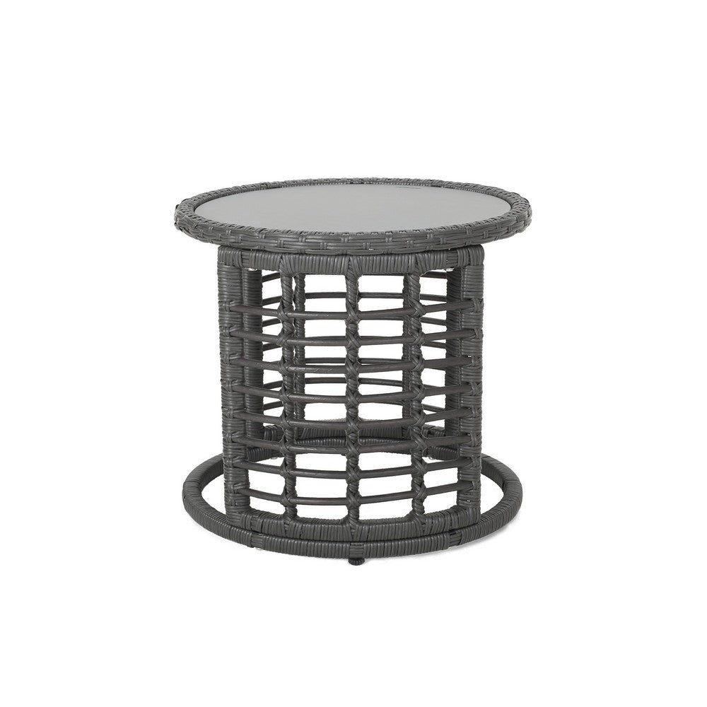Outdoor Round Side End Table with Woven Accents, 18 Inch, Gray Rattan