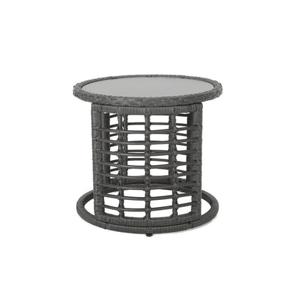 Outdoor Round Side End Table with Woven Accents, 18 Inch, Gray Rattan