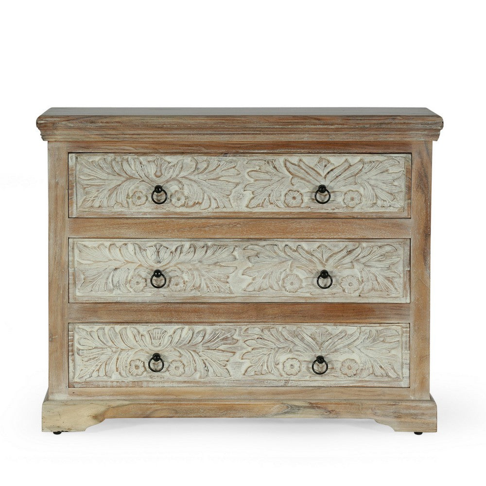 40x14 Wide Dresser Chest, 3 Drawers, White Walnut Brown Acacia Wood