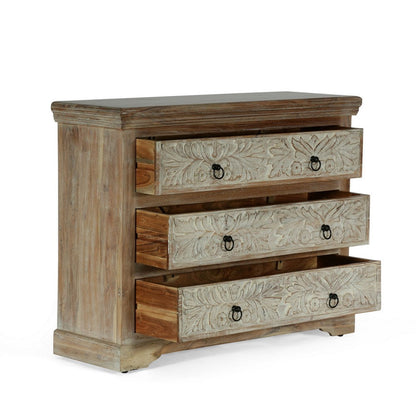 40x14 Wide Dresser Chest, 3 Drawers, White Walnut Brown Acacia Wood