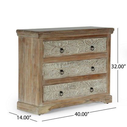 40x14 Wide Dresser Chest, 3 Drawers, White Walnut Brown Acacia Wood
