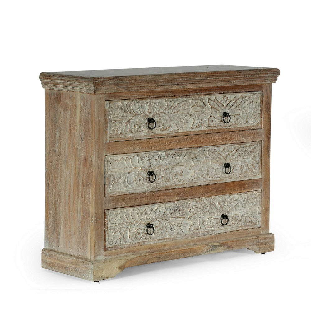 40x14 Wide Dresser Chest, 3 Drawers, White Walnut Brown Acacia Wood