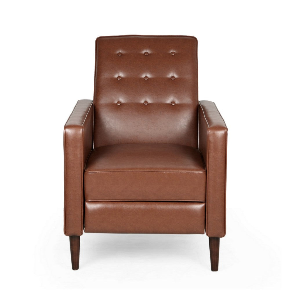 Recliner Chair, Birch Wood, Brown Tufted Waffle Stitch Faux Leather