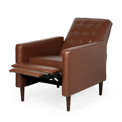 Recliner Chair, Birch Wood, Brown Tufted Waffle Stitch Faux Leather