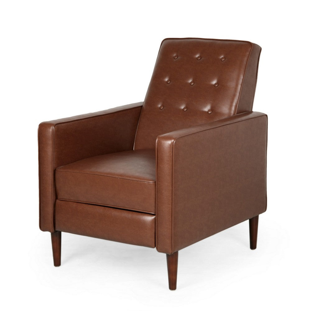 Recliner Chair, Birch Wood, Brown Tufted Waffle Stitch Faux Leather