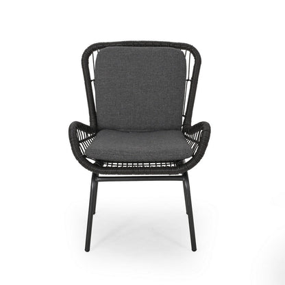 Patio Accent Chair Set of 2, Open Wicker, Round Edge, Black Iron, Gray