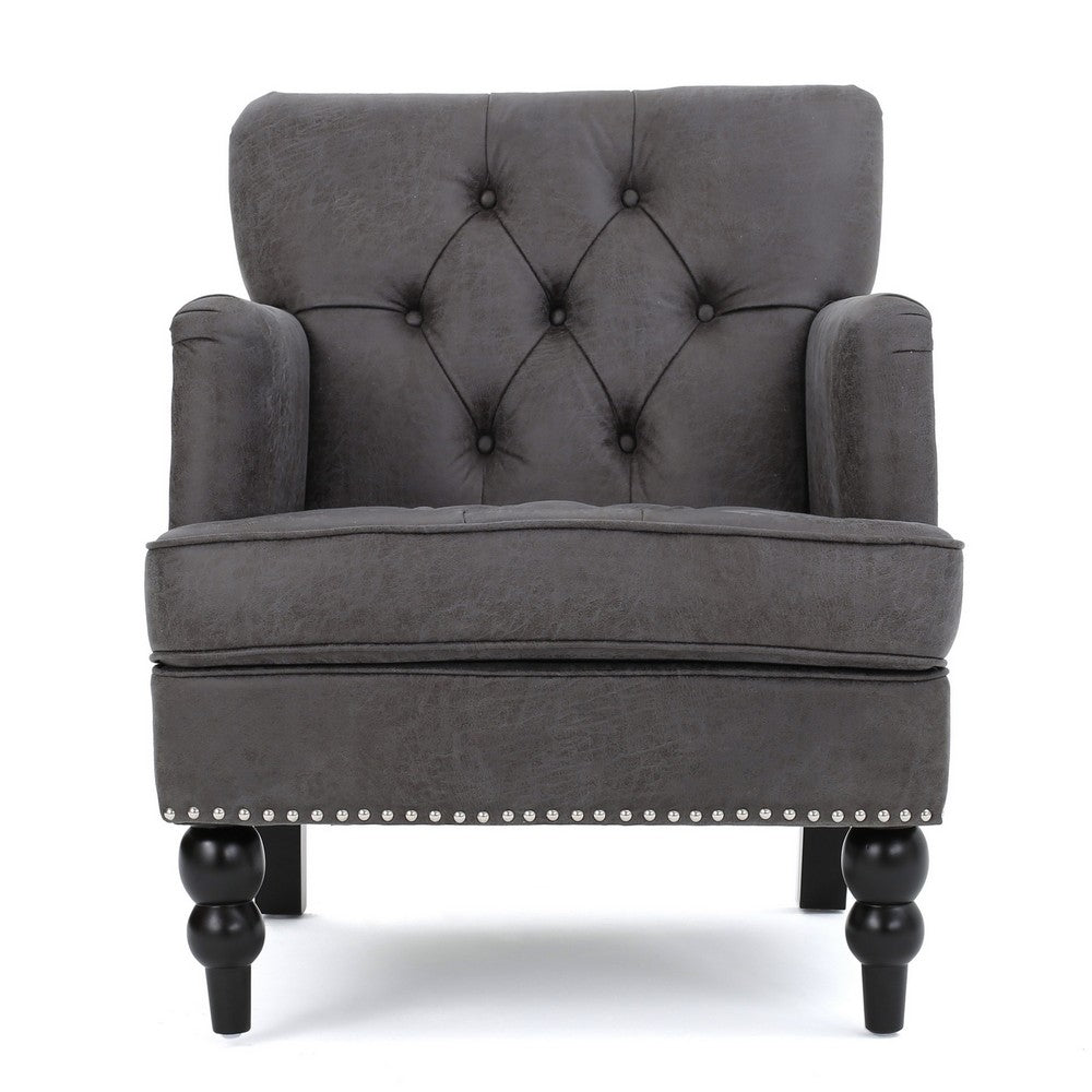 Lit Accent Armchair, Gray Microfiber Fabric, Button Tufted Design
