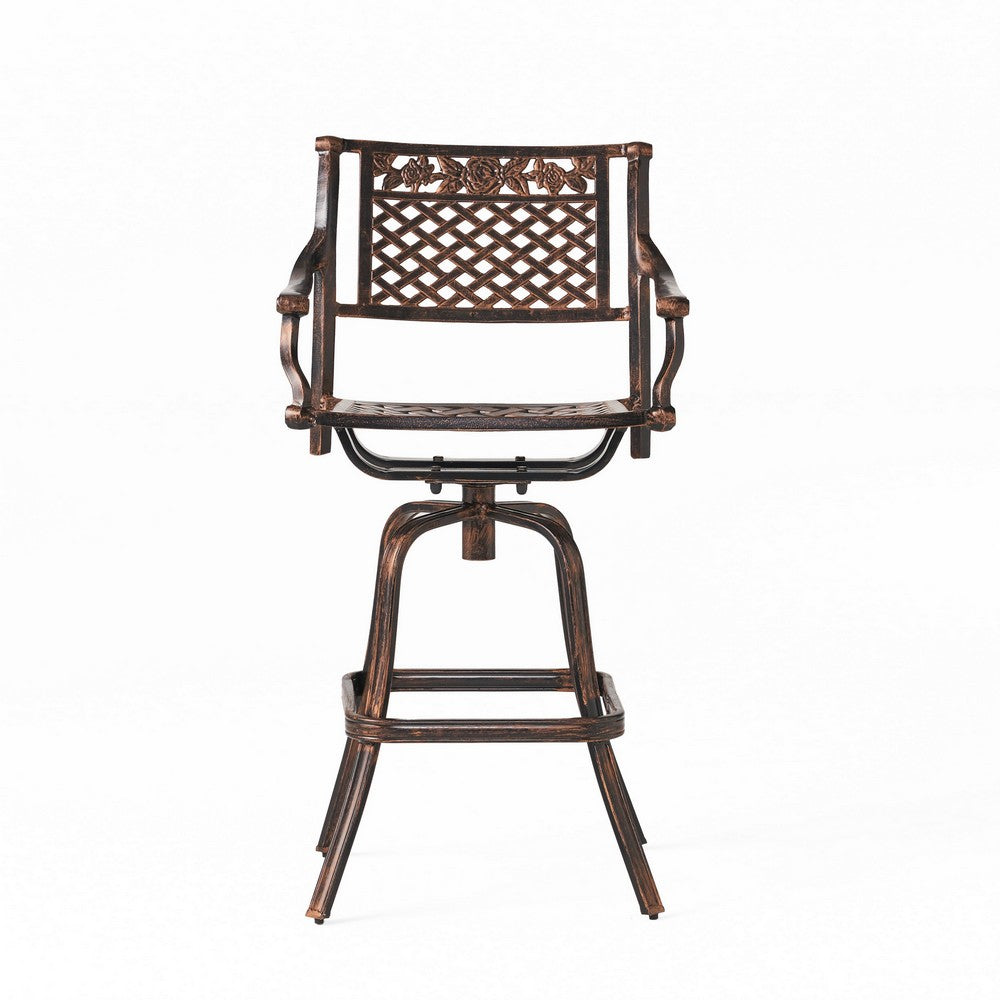 Kaven Outdoor Swivel Barstool Chair, Copper Brown Metal Lattice Design