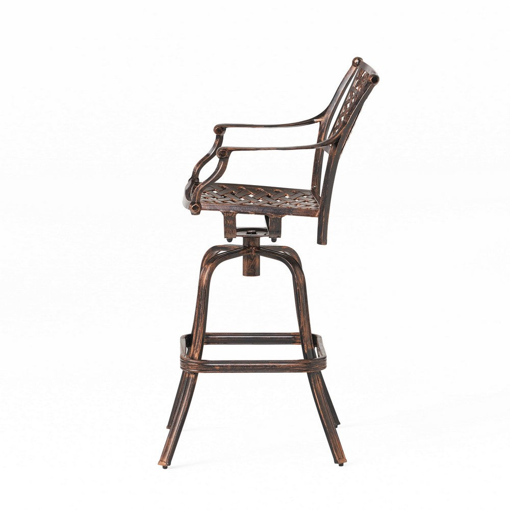 Kaven Outdoor Swivel Barstool Chair, Copper Brown Metal Lattice Design