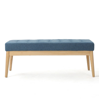Gisa Ottoman Bench, Blue Fabric Tufted, Natural Brown Wood, 44 Inch