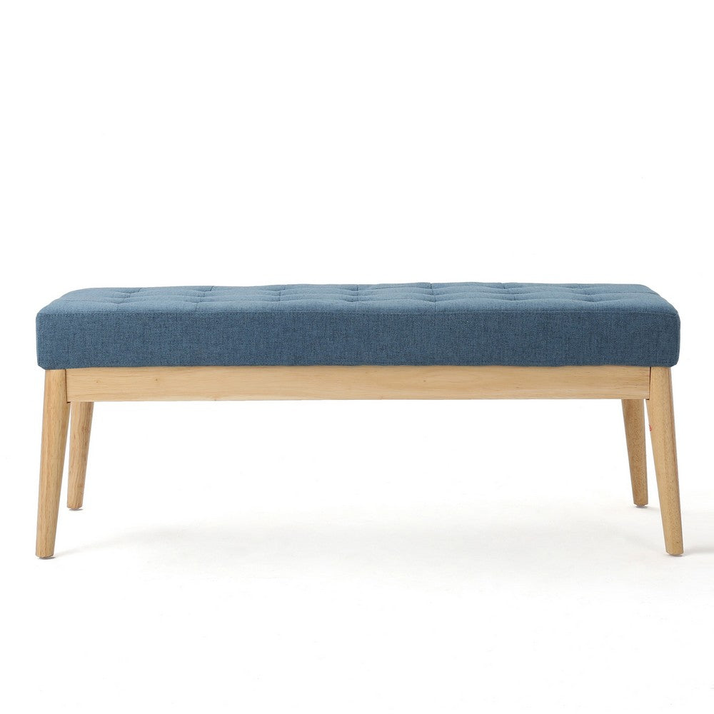 Gisa Ottoman Bench, Blue Fabric Tufted, Natural Brown Wood, 44 Inch