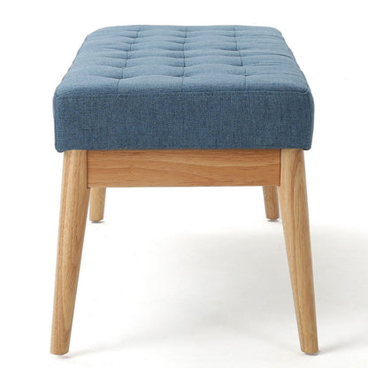 Gisa Ottoman Bench, Blue Fabric Tufted, Natural Brown Wood, 44 Inch