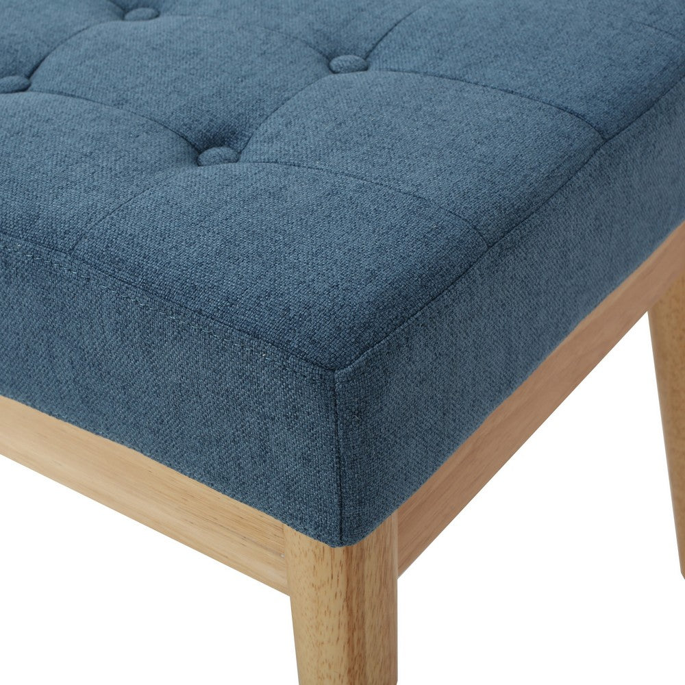 Gisa Ottoman Bench, Blue Fabric Tufted, Natural Brown Wood, 44 Inch