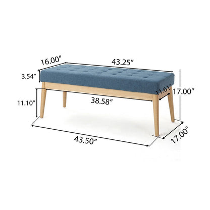 Gisa Ottoman Bench, Blue Fabric Tufted, Natural Brown Wood, 44 Inch