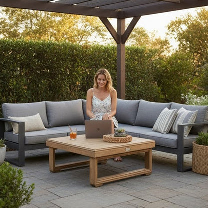 Chelsie Outdoor Coffee Table, Slatted Top, Brown Wood, Square 28 Inch