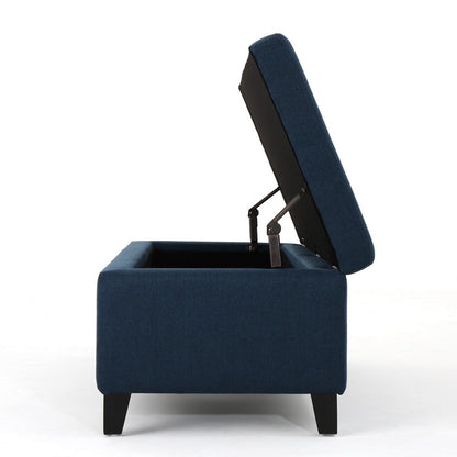 Harry Storage Ottoman Bench, Navy Blue Fabric 51 Inch Solid Birch Wood