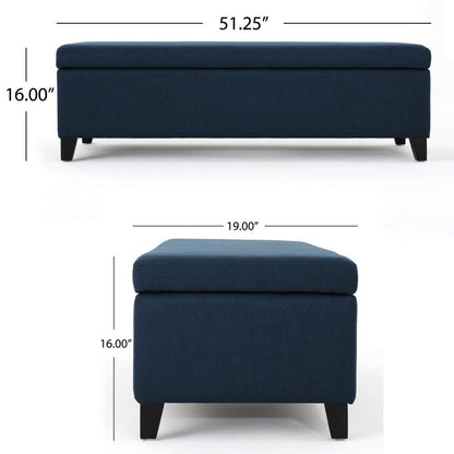 Harry Storage Ottoman Bench, Navy Blue Fabric 51 Inch Solid Birch Wood
