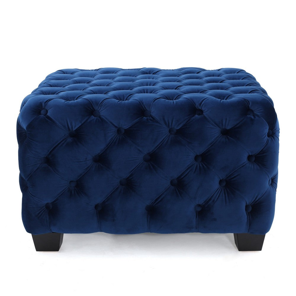 Ottoman, Modern Button Tufted, Navy Blue Velvet, 29 Inch Square Shape