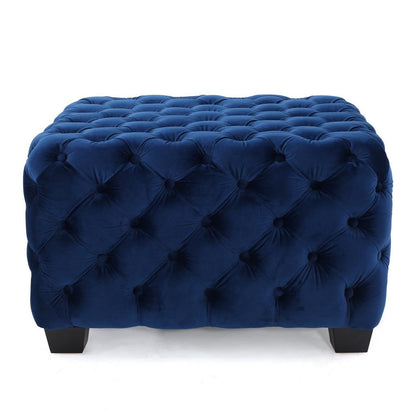Ottoman, Modern Button Tufted, Navy Blue Velvet, 29 Inch Square Shape