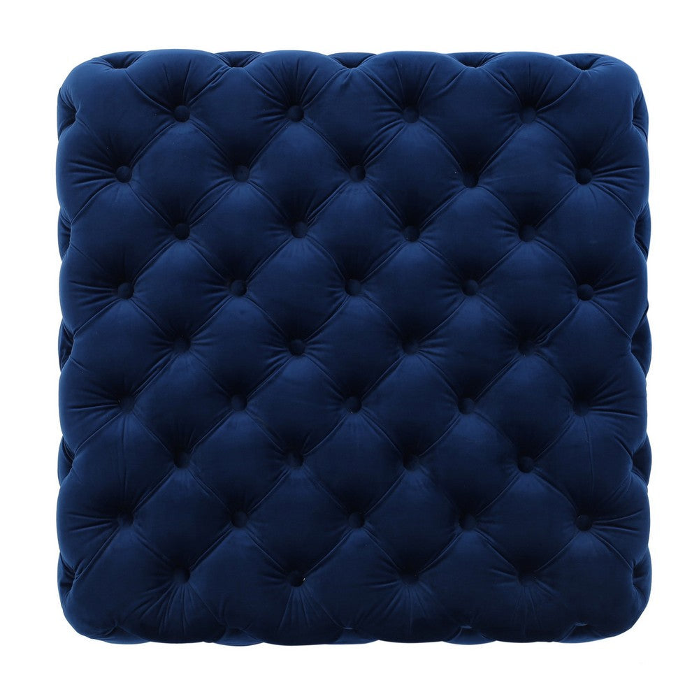 Ottoman, Modern Button Tufted, Navy Blue Velvet, 29 Inch Square Shape